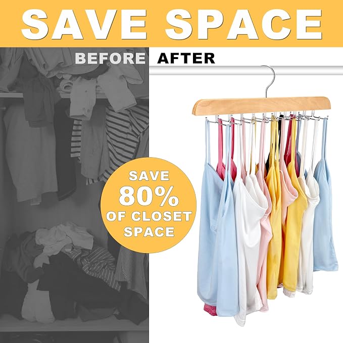 Tank Top Hanger with Premium Wood, 24 Large Capacity, Space Saving,360 Degree Rotating, Foldable Metal Hooks, Tank Tops