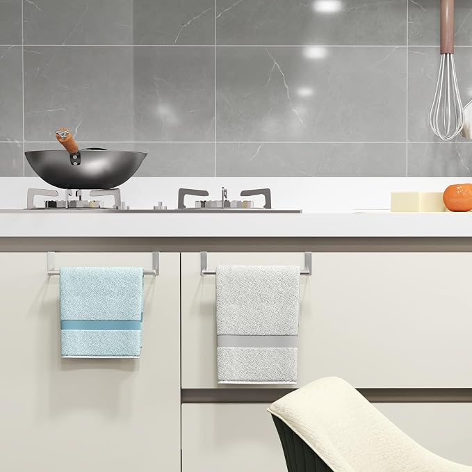 STWWO Over the Door Towel Rack, Kitchen Towel Holder Over Cabinet Door Towel Bar Stainless Steel for Cupboard for Kitchen Dish Towel Holder Hanger Rv Towel Rack, 2 Pack (Brushed Nickel)