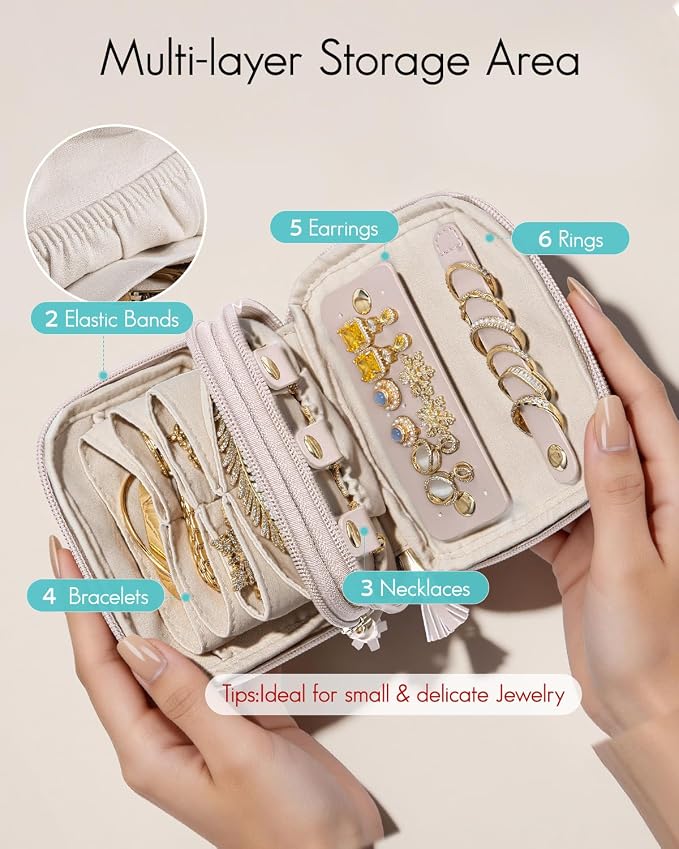 VLANDO 2-Layer Travel Jewelry Organizer for Rings,Earrings,Necklaces | Soft Velvet-Lined Storage with Divided Sections,Giftable Organizer for Summer Trips,Bridesmaids,Daily Use, Apricot Pink