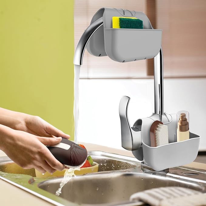 Sponge Holder for Kitchen Sink, Silicone Sink Saddle Caddy Organizer Rack, Sponges Holder Over Faucet, Hanging Kitchen Organizer Accessories Rack Basket Gray