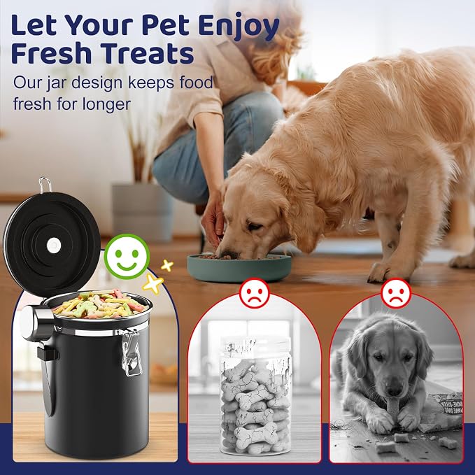 ENONCI Dog Treat Container Airtight- 7.2"x4.7" Large Stainless Steel Cat Treat Jar for Kitchen Counter with Scoop, Pet Storage for Fresh Dog Cookie