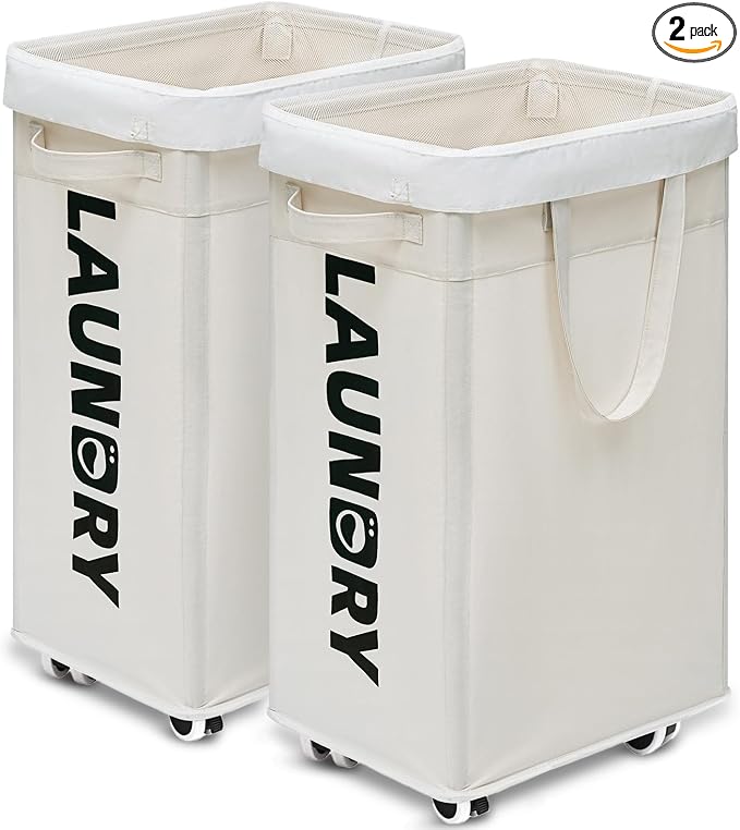 Goodpick 2-Pack Hamper with Wheels & Wash Bag, College Dorm Essentials,75L | Clothes Hamper with Removable Wash Bag for Laundry Room, Large Rolling Laundry Basket with Handles, White