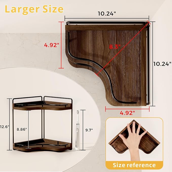 2-Tier Corner Bathroom Counter Organizer, Larger Size | Embedded Screw Holes, Sturdy & Stable, Oversized, Holds More, Vanity Shelf for Makeup & Skincare, Dark Brown