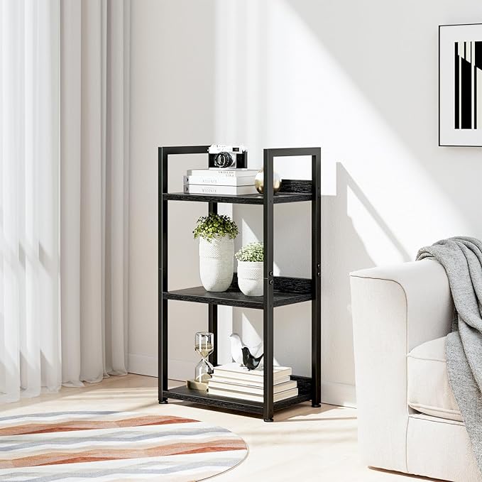 NUMENN Narrow Bookshelf, 3 Tier Freestanding Shelving Unit, Black | Small Book Shelf for Small Spaces, Metal Frame & Wood Shelves, Falling Prevention Baffle, Bookcase for Bedroom&Home Office