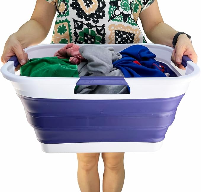 SAMMART 30L (8 gallons) Collapsible Plastic Laundry Washing Tub/Basket-Portable Pop Up Storage Container/Organizer-Foldable Laundry Hamper-Space Saving (2, White/Navy Blue)