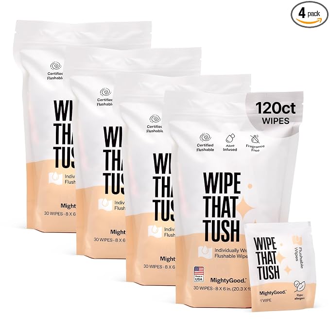 Wipe That Tush On-The-Go Flushable Wipes Bulk Pack - 4 Packs of 30 Individually Wrapped Travel Wipes, 120 Total - Fragrance Free - Hypoallergenic With Aloe & Vitamin E - Septic-Safe