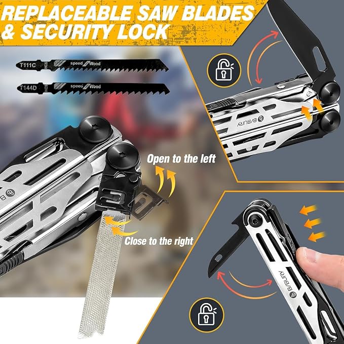 BIBURY 31-in-1 Multitool Pliers Pro BI2045,EDC Pocket Knife & Scissors | Stainless Steel Multi Tool with Replaceable Wire Cutters, Saw, Screwdriver, Ideal for Camping,Survival,Repair, Gifts for Men