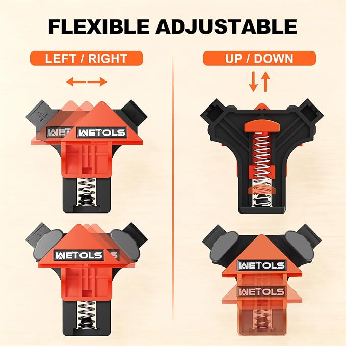 WETOLS 90 Degree Corner Clamp Set, 4 Pcs Adjustable Clamps for Woodworking | 4-Piece Set, 90° Corner Clamps, Fits 3/16"-3/4" Wood, Strong Spring, Easy One-Hand Operation, Durable Polyamide, Gift Box
