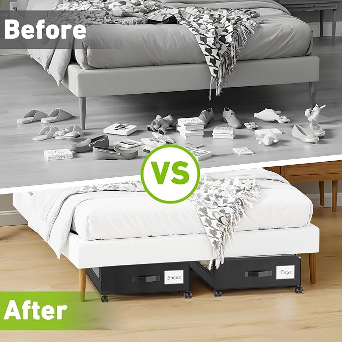 Molutsody Under Bed Storage with Wheels, 4-Pack Underbed Storage Containers with Clear Lids, Under Bed Shoe Storage Organizer, Rolling Under Bed Storage for Clothes Shoes Blankets (Black)