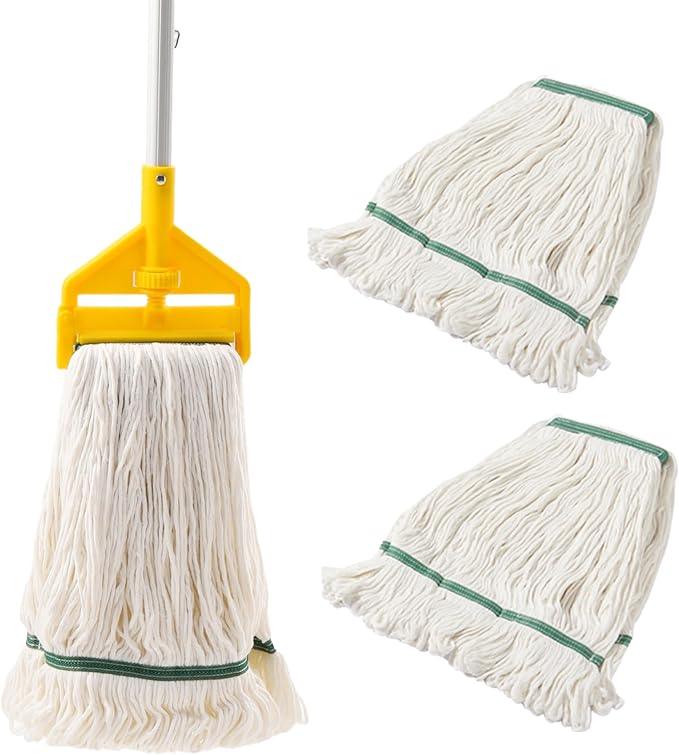 Midoneat Commercial Heavy Duty Industrial Mop with Long Handle,59" Looped-End String Wet Cotton Mops for Floor Cleaning, Including Three mop Head Replacement