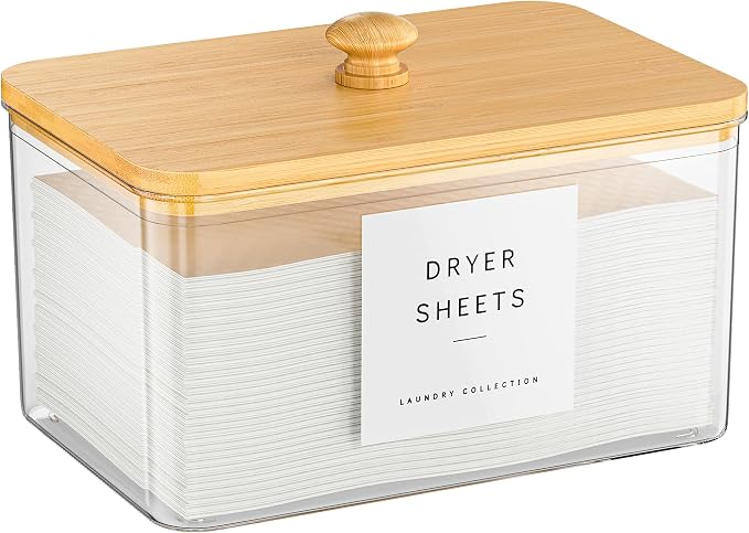 Dryer Sheet Holder with 6 Labels, for Laundry Room Organization and Storage | Clear Dryer Sheet Container with Lid, Dryer Sheet Dispenser, Laundry Pods Storage for Laundry Room Decor（Bamboo)