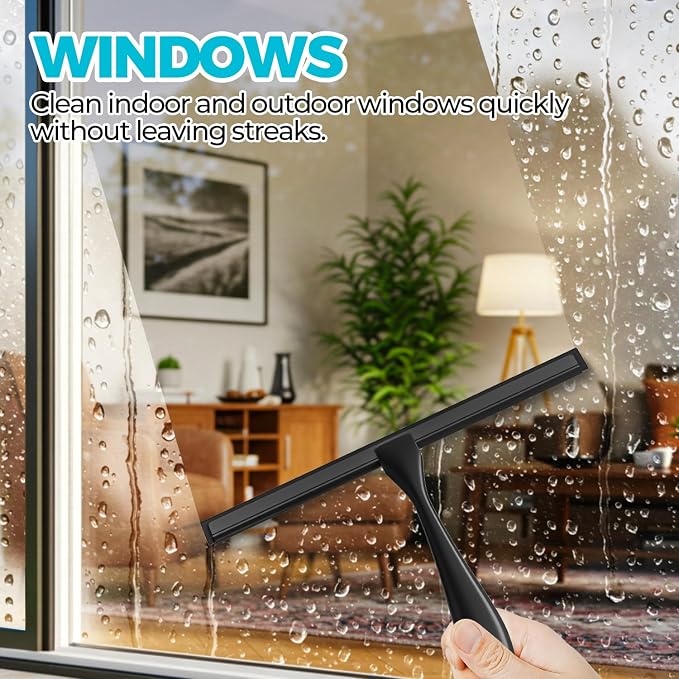 ALFLOD Shower Squeegee for Glass Doors, Tile Walls, Mirrors and Windshields | 10" black, bathroom accessories, window cleaner, new home essentials, silicone blade, metal handle, adhesive hook
