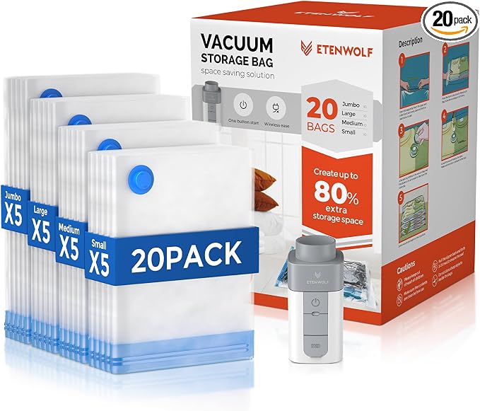 ETENWOLF 20 Combo Vacuum Storage Bags for Travel with Wireless Pump | Vacuum Seal Bags for Clothing Travel, Compression Packing Bags for Clothes and Blankets, Space Saver Bags in Carry-On Sizes