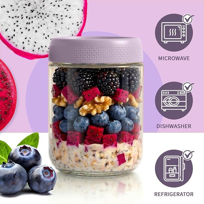 Overnight Oats Containers with Lid, Overnight Oats Jars, Glass Jar with Lid | 6 Pack Air Tight Overnight Oats Jars, Chia Pudding Glass Jars with Lids, Parfait Cups with Lids, Sugar Bowls for Yogurt