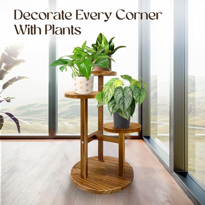 GEEBOBO 3 Tier Plant Stand Indoor, Tiered Wood Plant Stand for Indoor Plants, 21" Height Space Saving Small Corner Plant Shelf, Plant Stands for Tabletop, Balcony, Living Room (Brown)