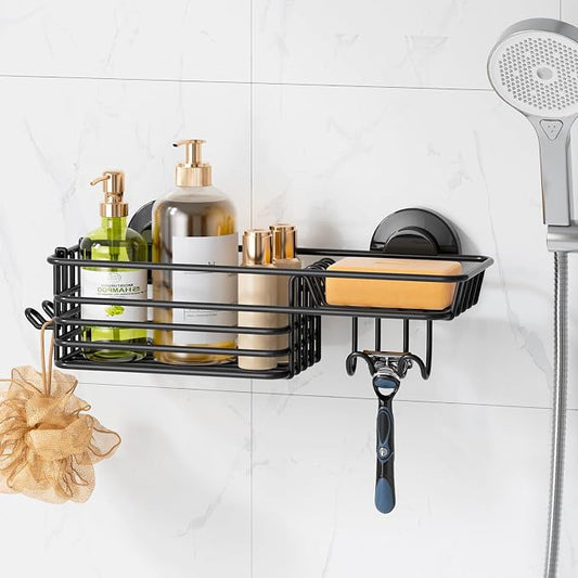 LEVERLOC Suction Cup Shower Caddy, Black Bathroom Shelf Shower Organizer With Hook And Soap Holder, No Drill Bathroom Caddy
