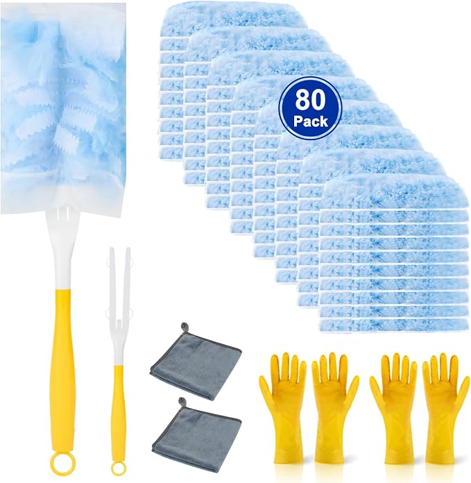 Duster Refill for Cleaning with 2 Handles, Heavy Duty Disposable Duster Kit | 80pack, Unscented Replacement Head Dust Removal Brush, for Electronics, Furniture, Blinds, Ceiling Fans, Walls