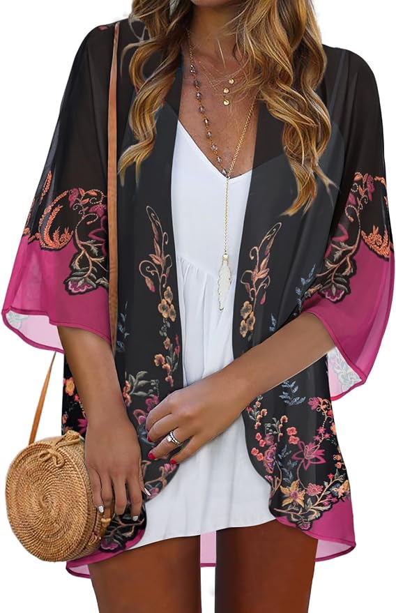 Women Kimono Cardigans Summer Cover Up Hawaiian Shirts Floral Print Tops | ROSEMIA chiffon kimono open front cardigans, beach cover ups, daily casual tops, cruise outfits, summer resort wear