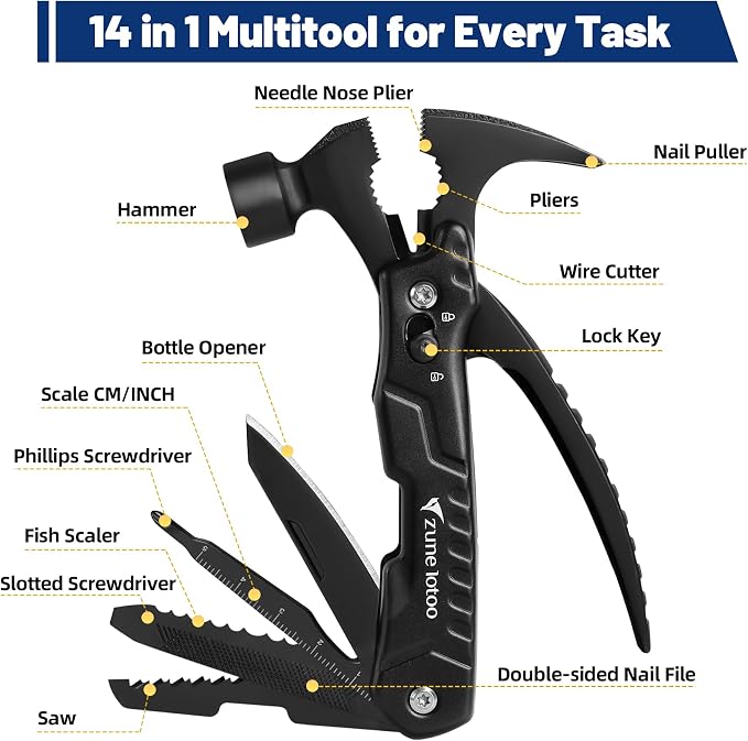Zune Lotoo 14 in 1 Pocket Hmamer Multitool Gifts for Men | Small Multifunctional Utility Tool Stainless Steel Alloy Portable Compact Survival Hammer for Father, Dad, Handyman, Engineer