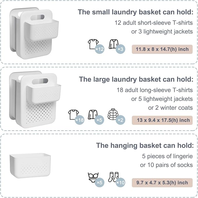 Goderewild Small Collapsible Laundry Basket, Space-Saving Wall-Mounted Hamper with Detachable Mini-Basket, Portable Hanging Organizer for Clothes, Underwear Socks. (White)