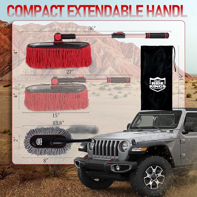 Car Duster Set, Loop End, 3 Pcs | Telescoping pole for truck exterior. Traps pollen without water; do not wash. Interior dash brush & storage bag included.