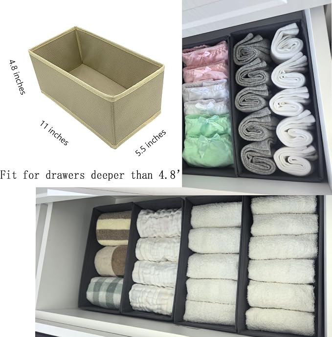 Bructhun Sock Drawer Organizer 3 Pack - Collapsible Fabric Storage Bins for Underwear Divider, Small Closet Organizers with 3 Compartments, Khaki