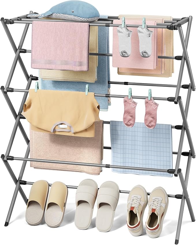 KINGBOARD 3-Tier Extendable Clothes Drying Rack, Small & Foldable, Grey | 37.4"H x 33.8"W x 11.2"D, Space-Saving Collapsible, Easy Assembly, Rust-Resistant Iron Frame, Indoor Outdoor Use, 25lb