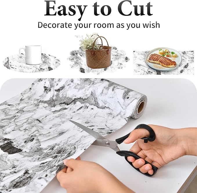 Drawer and Shelf Liner for Kitchen Cabinet: 23.6 in X 30 Ft Non Slip | Shelf Paper Non Adhesive Refrigerator Liners Grey and White Marble Easy Liners for Bathroom with Knife Tape Measure