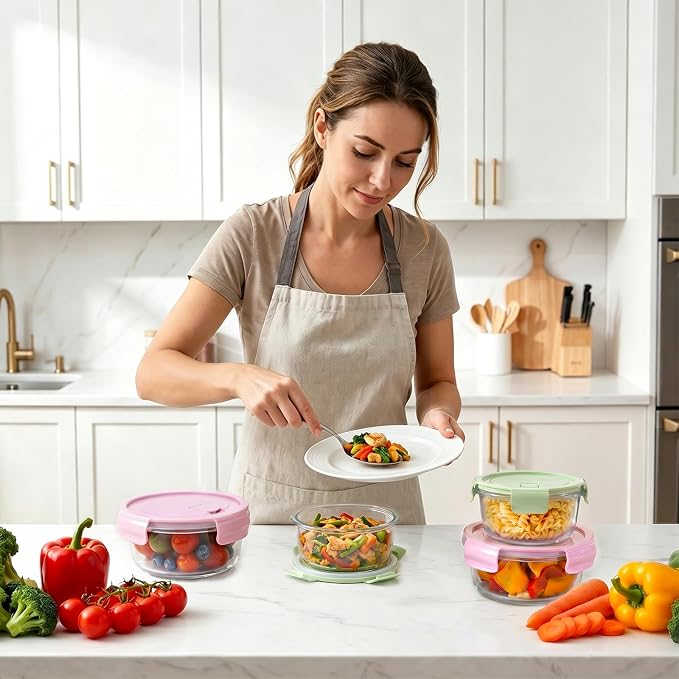 4 PACK 12oz & 22oz Round Glass Meal Prep Containers with Airtight Lids，Container Set,Food bowls for Leftover，Microwave, Dishwasher, Oven，and Freezer Safe