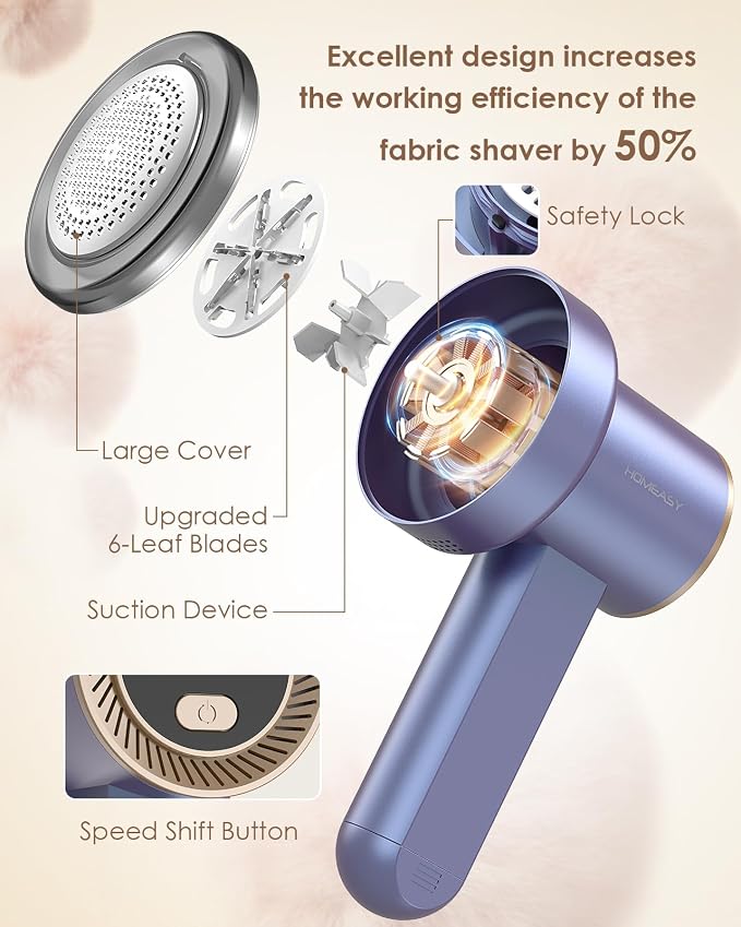 HOMEASY Fabric Shaver, Rechargeable Lint Remover for Clothes Purple | Electric sweater shaver and depiller with 70mm head, 6-leaf blades, LED battery display and Type-C charging for Furniture