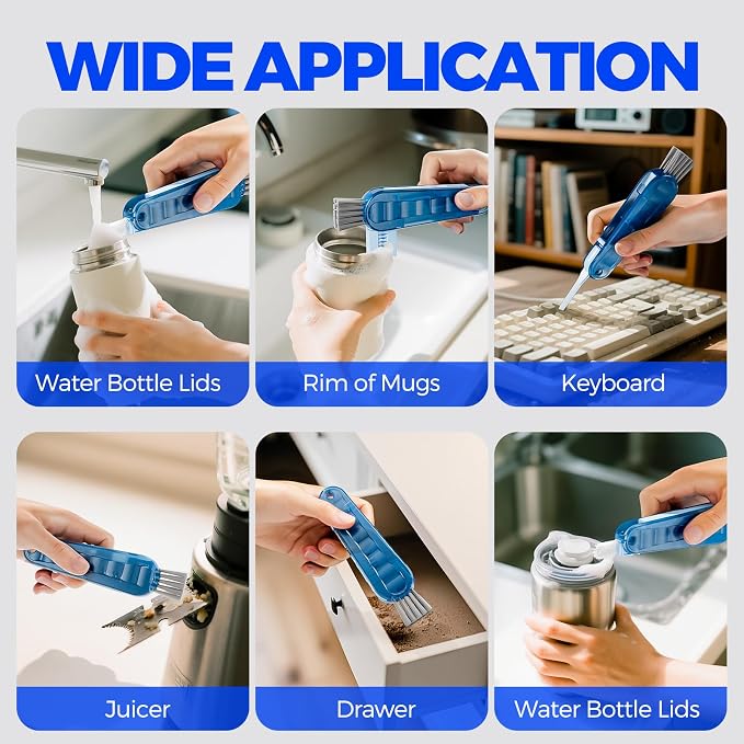Holikme 6 Pack 4 in 1 Cup Lid Cleaning Brush 3 Straws Bottle Brush,Navy | 4 in 1 Cup Lid Cleaning Brush Multifunctional Bottle Brush, Silicone Cup Lid Gap Cleaner, Bristle Crevice Cleaning Brush