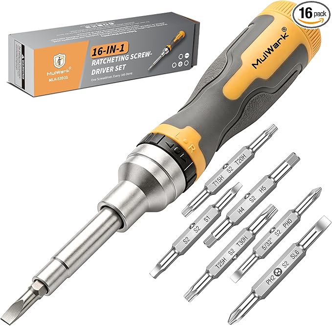Mulwark 16-in-1 Ratcheting Multi-Bit Screwdriver Set, S2 Steel Screwdriver with 1/4" & 5/16" Nut Drivers, Nickel Coated Anti-Rust screw driver, Max Torque Soft Handle for Home Repair & DIY
