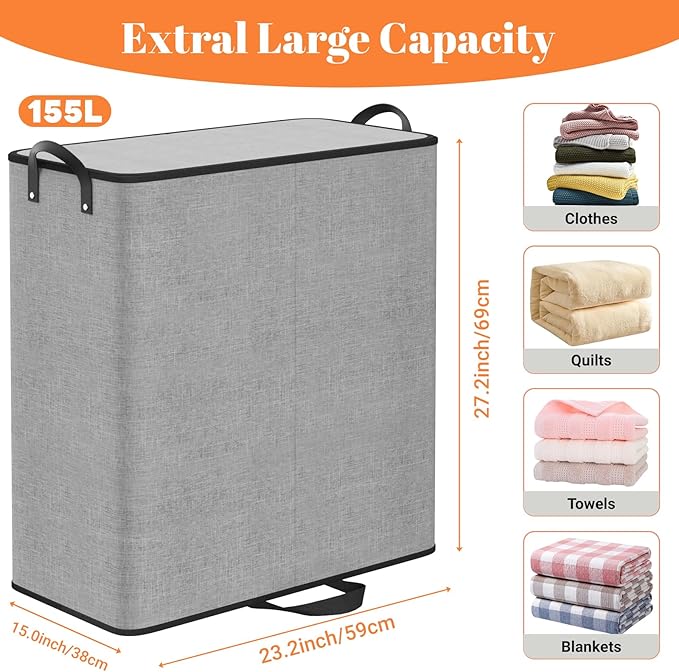 155L 2 Section Laundry Hamper with Lid, Laundry Basket, Gray | Large Laundry Hampers with Reinforced Handles & Removable Bags, Tall Dirty Clothes Hamper for Laundry Room, Bedroom, Bathroom