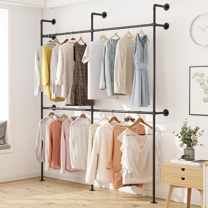 ORSENIGO Industrial Pipe Clothing Rack, Heavy Duty Metal Clothes Rack with Double Rods for Hanging Clothes, Wall Mount Space-Saving Garment Display Rack (Double, Black)