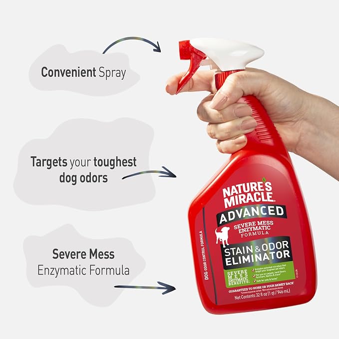Nature’s Miracle Advanced Dog Stain & Odor Eliminator, Severe Mess, 32 oz | Enzymatic Cleaner Eliminates the Toughest Dog Messes, For Use on Multiple Surfaces, Safe For Pets and Home*, Fresh Scent
