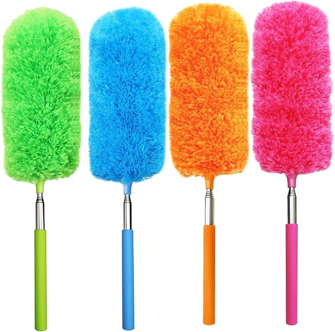 4 Pack Microfiber Feather Duster, with Extendable Pole and Bendable Head, Washable Microfibre Cleaning Tool for Cleaning Office, Car, Computer, Furniture, Sofa, Photo Frame