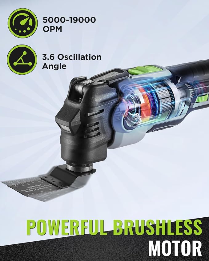 WORKPRO 20V Brushless Cordless Oscillating Multi-Tool Kit | 6 variable speeds, 3.6° oscillation angle, 21-piece accessories, 1 battery & storage bag, for DIY and home improvement