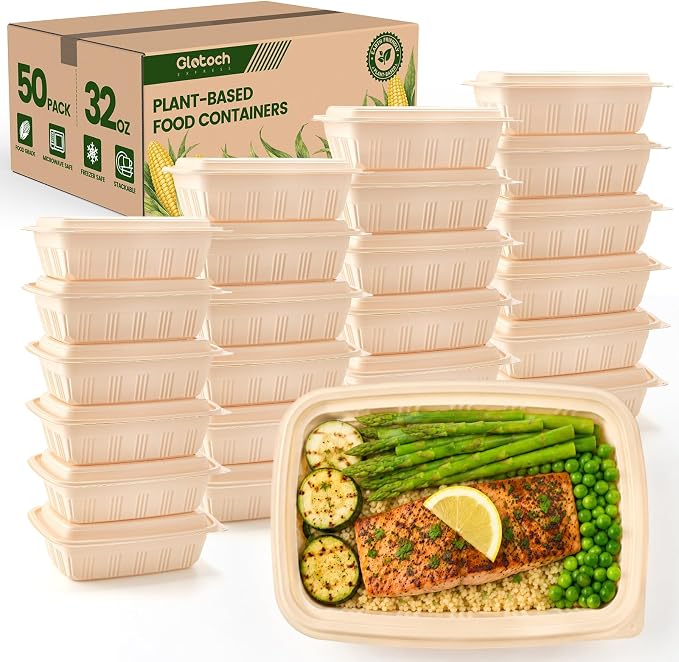 100 Piece (50 Pack) Meal Prep Containers with Lids,32 oz Resuable Cornstarch Material Salad Containers, Plant-based Lunch Boxes, Plastic Take Out Bowls BPA Free, Microwave Freezer Safe, Stackable