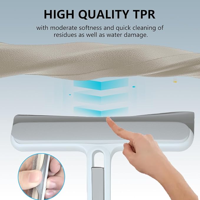 4-in-1 Shower Squeegee for Glass Doors, Silicone Window Squeegee with Foam Brush & Crevice Scraper, Small Bathroom Glass Cleaner Tool for Shower, Mirror, Tile, Window and Kitchen