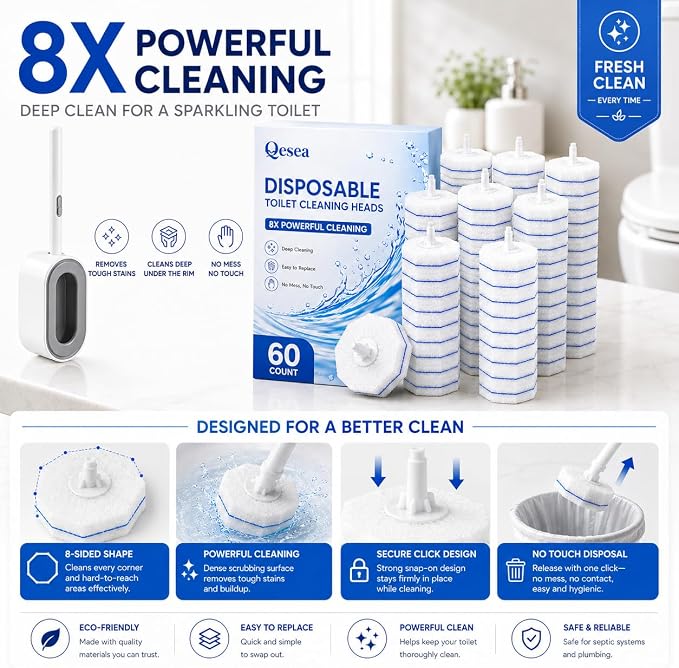 Toilet Wand Refills 60 Count – Disposable Toilet Bowl Cleaner Brush Heads, Fits Most Standard Toilet Wand Handles, No-Touch Replacement Sponge Pads, Hygienic Toilet Cleaning Heads