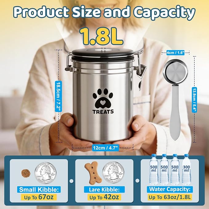 ENONCI Dog Treat Container Airtight- 7.2"x4.7" /1.8L Stainless Steel Cat Treat Jar for Kitchen Counter with Scoop, Pet Storage for Fresh Dog Cookie