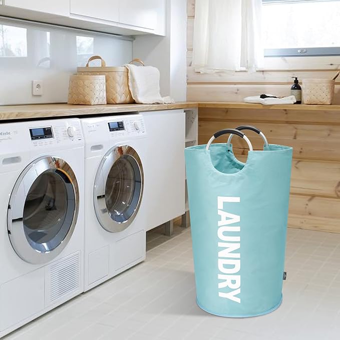 DOKEHOM 90L Large Laundry Basket Bag, Collapsible Tall Hamper, Light Blue | Freestanding tall washing bin & foldable laundry bag. High-capacity clothes storage basket with durable sturdy handles