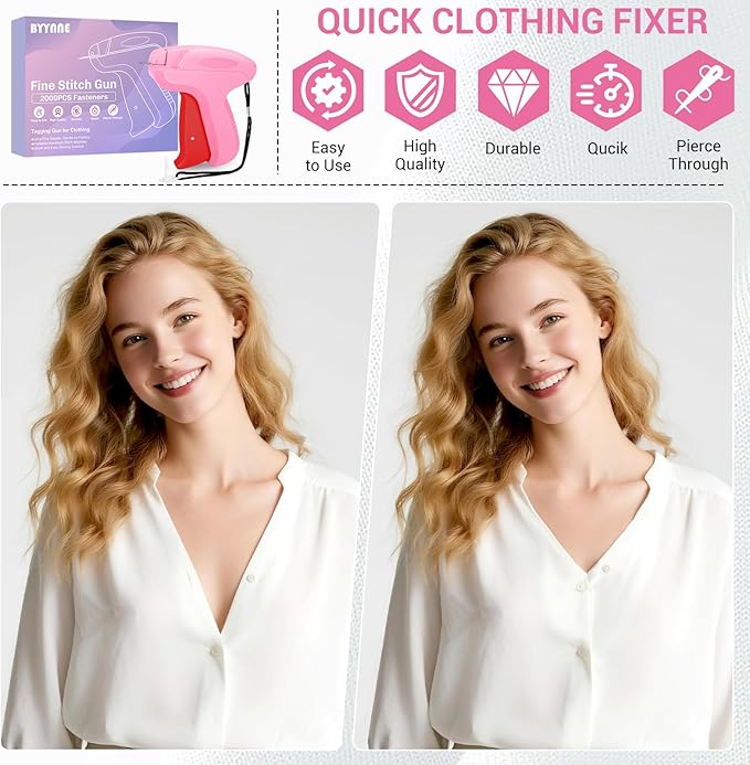 Stitch Gun for Clothes - Handheld Quick Clothing Fixer - Tagging Gun for Clothing, Sewing Kit - Includes 6 Fine Needles, 1000 White & 1000 Black Fasteners (Pink Red)