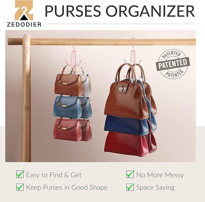 ZEDODIER 4 Pack Purse Organizer for Closet, Heavy-Duty Hanging Purse Hanger Closet Holds Up to 24 Purses, Metal Rotating Space Saving Bag Holder Handbag Storage Hook Backpack Rack, Pink | Metal 24 Hooks Handbag Holder for Bag Storage, 360° Rotating Des...