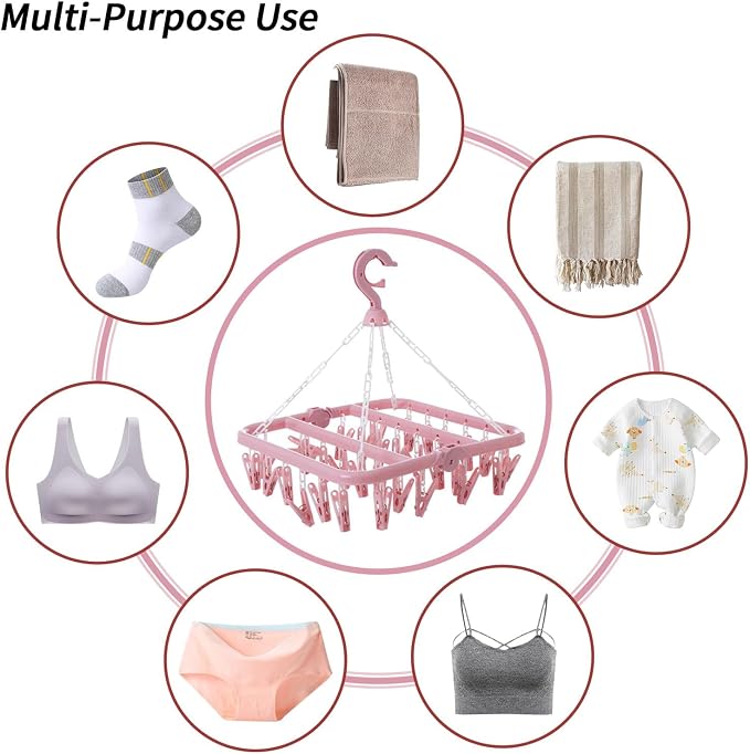 Laundry Drying Rack with 32 Clips, Foldable, Light Pink