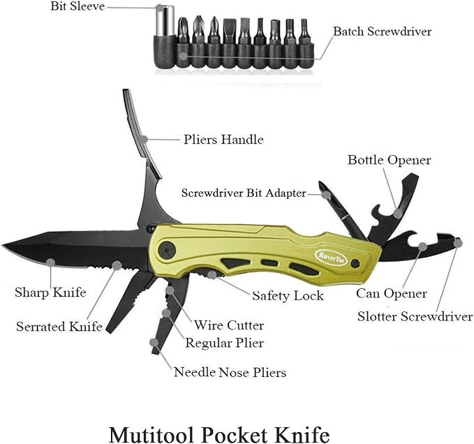 15-in-1 Pocket Multitool Knife - Folding Knife with Pliers, Bottle & Can Opener, Phillips Screwdriver + 9 Bits, Nylon Sheath - EDC Multi Tool for Camping, Hiking & DIY - Gifts for Men & Dad