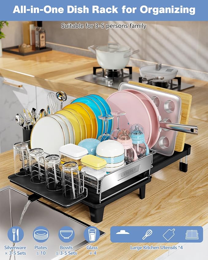 Expandable Dish Drying Rack for Kitchen Counter, 304 Stainless Steel, Flip-Top Retractable Plate, Multi-Directional Adjustable, Space-Saving Large Drying Rack, Black