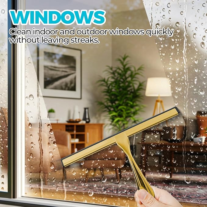 ALFLOD Shower Squeegee for Glass Doors, Tile Walls, Mirrors and Windshields | 10" gold, bathroom accessories, window cleaner, new home essentials, silicone blade, metal handle, adhesive hook