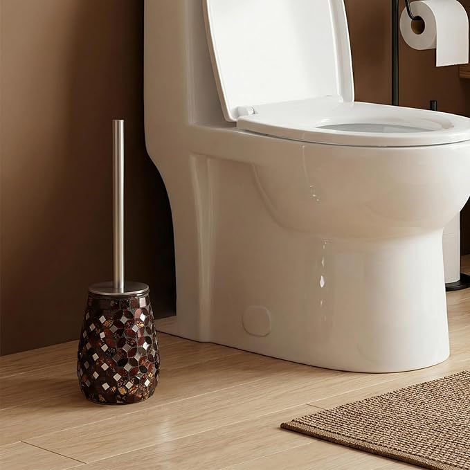 Handmade Mosaic Toilet Brush and Holder Set, Decorative Brown Glass Toilet Bowl Brush with Stainless Steel Handle, Luxury Bathroom Accessories Set, Mosaic Bathroom Decor, Weighted Base