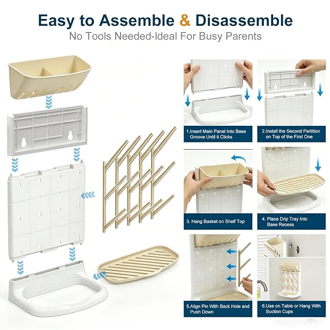 GoMaihe Baby Bottle Drying Rack: Space Saving Vertical Bottle Dryer Holder | Baby Accessories Storage Stand Organize Brushes Pacifiers on Countertop - BPA-Free - Beige